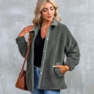 NWT DOKOTOO  Women's Gray Corduroy Trim Elbow Patch Sherpa Jacket Size S